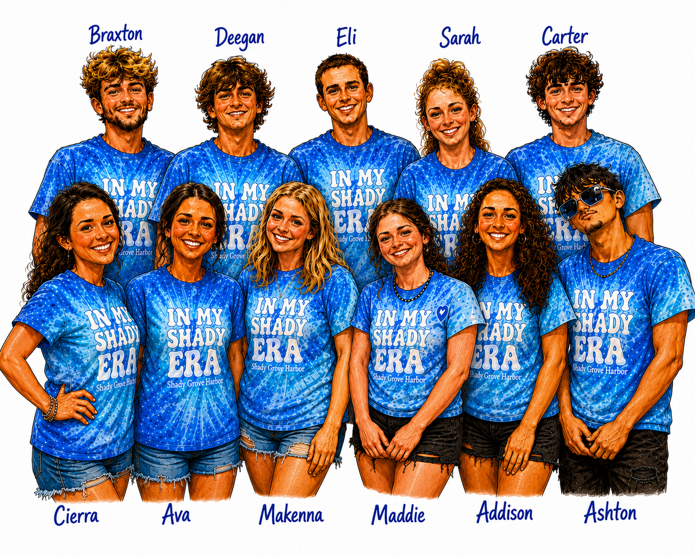 Illustration of the Shady Grove Harbor Marina staff wearing 'In My Shady Era' tie-dye shirts.